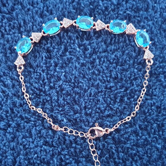 Delicate Created Blue Topaz Crystal Pink Gold Tone Stainless Steel Bracelet - Picture 1 of 12